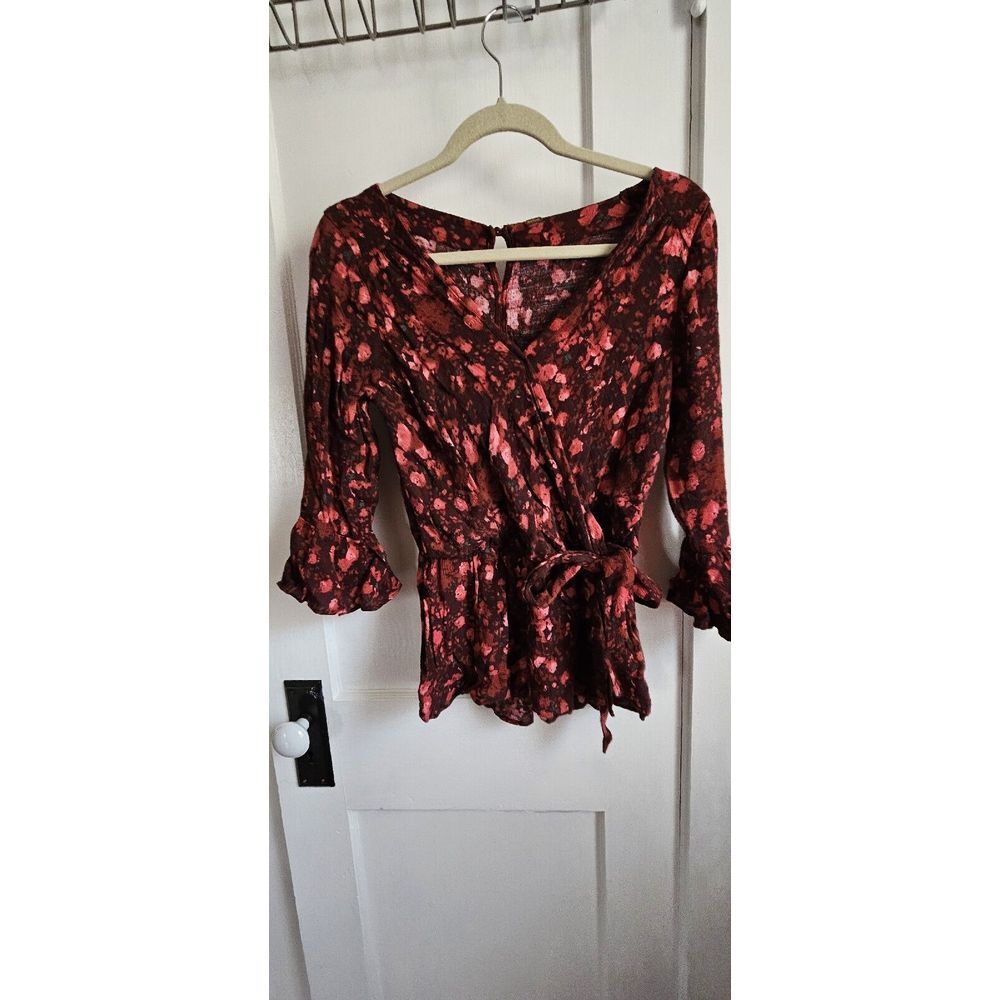 Free People Boho Floral Wrap Tie Trumpet Sleeves Blouse Tunic Top S/XS